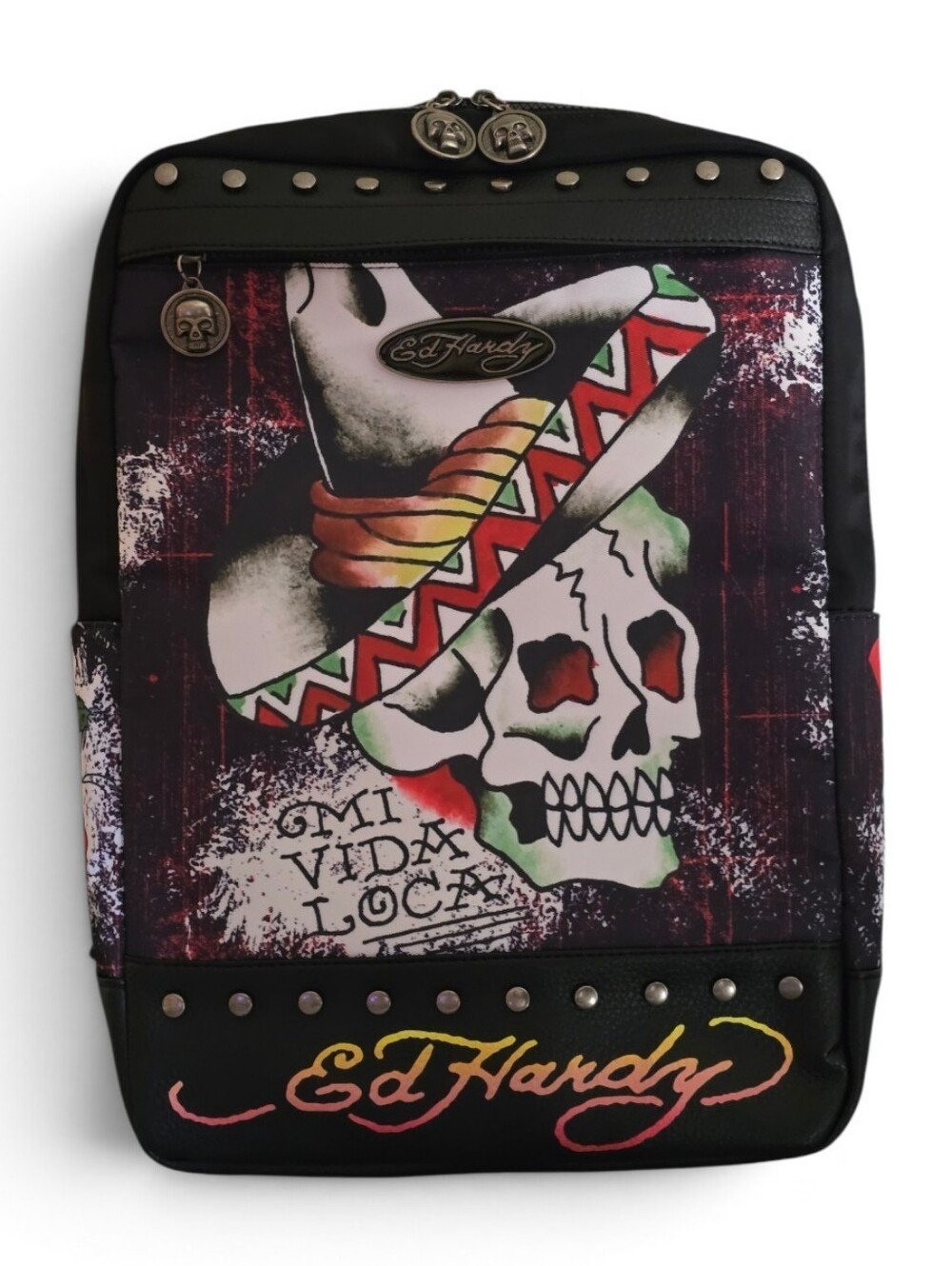 Ed Hardy Backpack Black Mi Vida Loca Skull Sombrero Studded Tattoo Graphic Bag